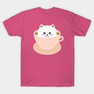 Cute Kawaii cat in pink cup of froth art coffee (2) T-Shirt